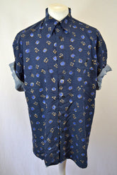 Vintage Y2K navy blue cotton oversized muted pattern hawaiian shirt size XL